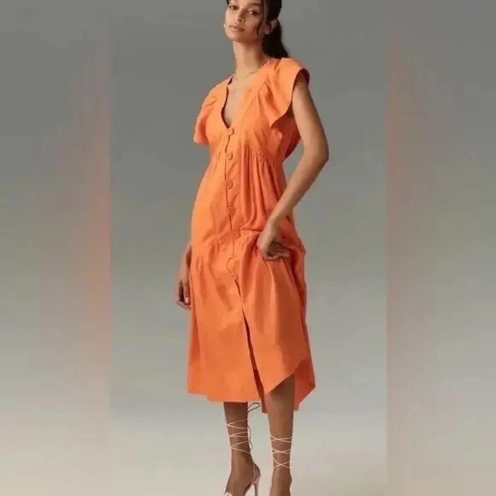 by Anthropologie Renee Dress XS Midi Orange Linen Flutter Sleeve - Picture 1 of 9